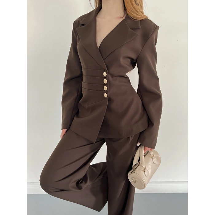 Düğme Detaylı Doublu Kumaş Tasarım Takım Kahve