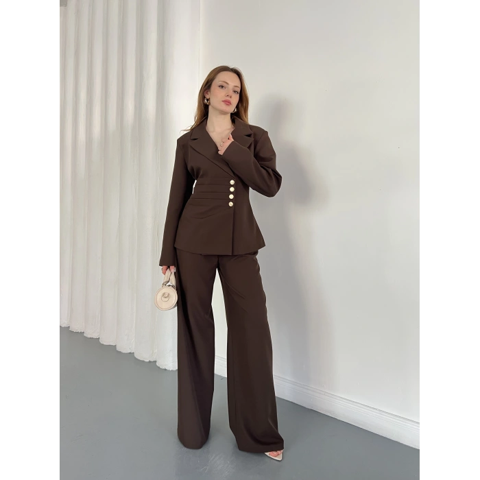 Düğme Detaylı Doublu Kumaş Tasarım Takım Kahve
