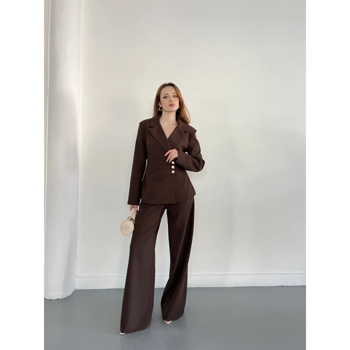 Düğme Detaylı Doublu Kumaş Tasarım Takım Kahve