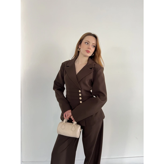 Düğme Detaylı Doublu Kumaş Tasarım Takım Kahve