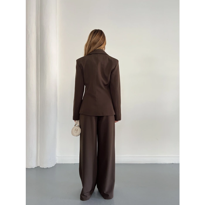 Düğme Detaylı Doublu Kumaş Tasarım Takım Kahve