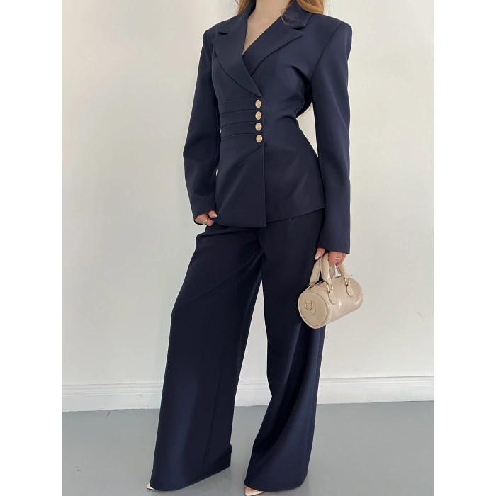 Düğme Detaylı Doublu Kumaş Tasarım Takım Lacivert