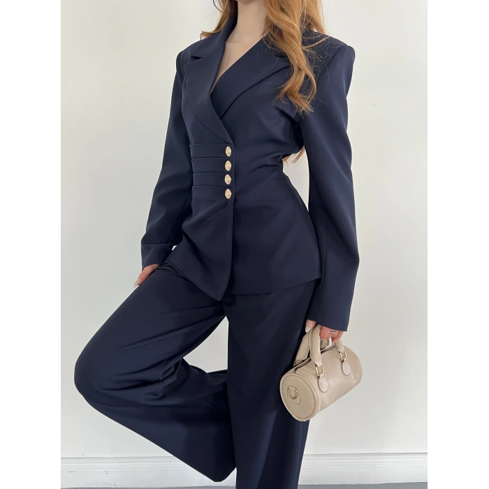 Düğme Detaylı Doublu Kumaş Tasarım Takım Lacivert