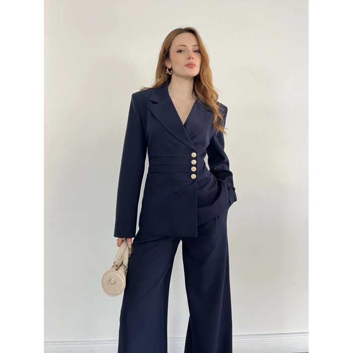 Düğme Detaylı Doublu Kumaş Tasarım Takım Lacivert