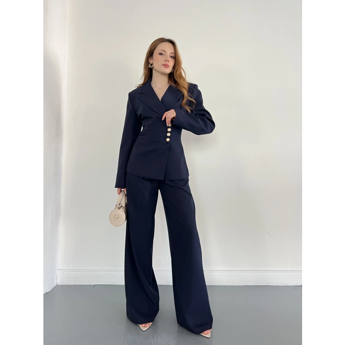 Düğme Detaylı Doublu Kumaş Tasarım Takım Lacivert