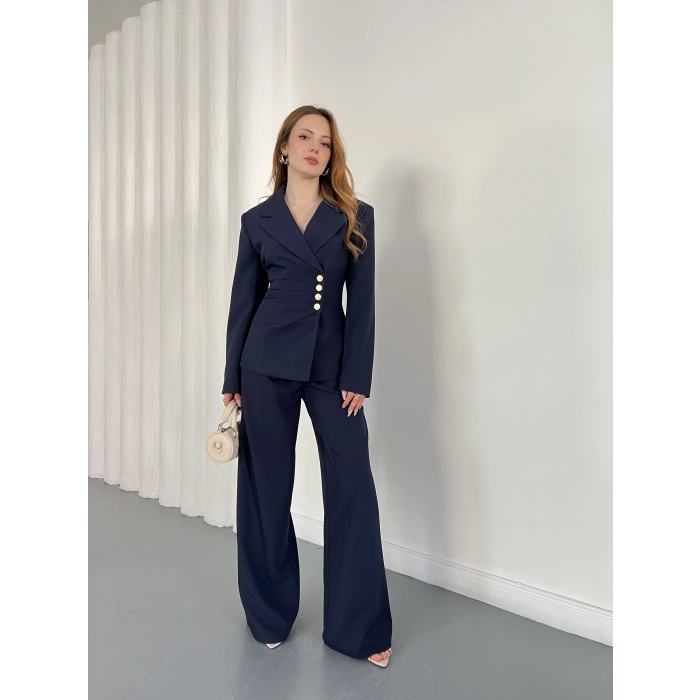 Düğme Detaylı Doublu Kumaş Tasarım Takım Lacivert