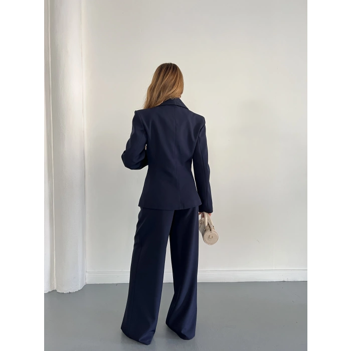 Düğme Detaylı Doublu Kumaş Tasarım Takım Lacivert