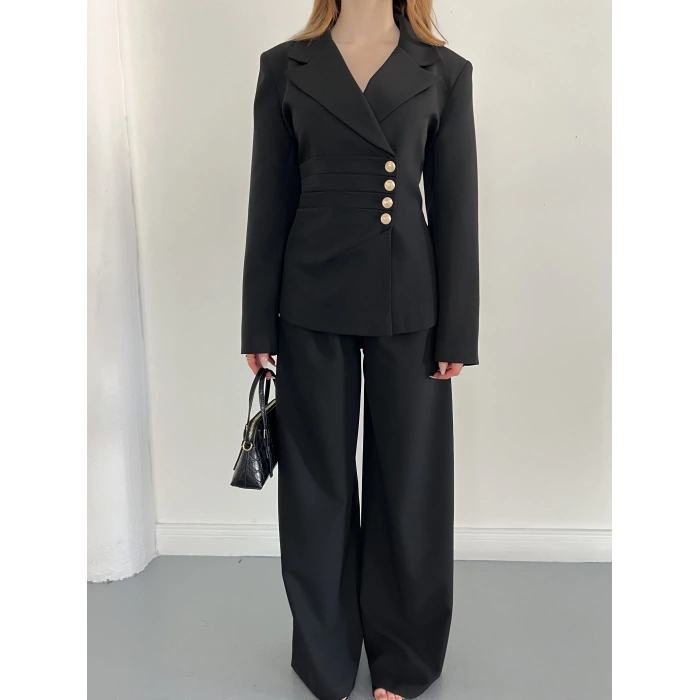 Düğme Detaylı Doublu Kumaş Tasarım Takım Siyah