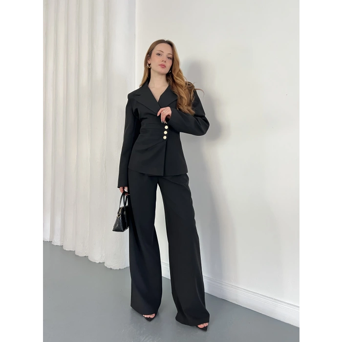 Düğme Detaylı Doublu Kumaş Tasarım Takım Siyah