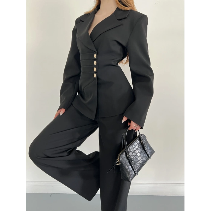 Düğme Detaylı Doublu Kumaş Tasarım Takım Siyah