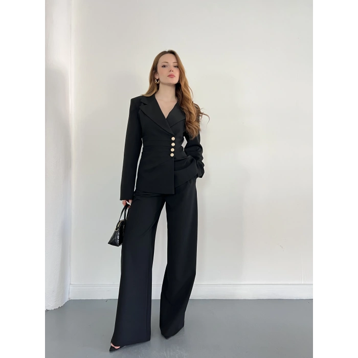 Düğme Detaylı Doublu Kumaş Tasarım Takım Siyah