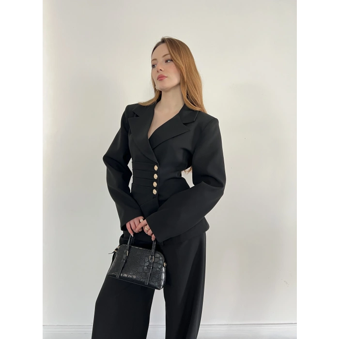 Düğme Detaylı Doublu Kumaş Tasarım Takım Siyah