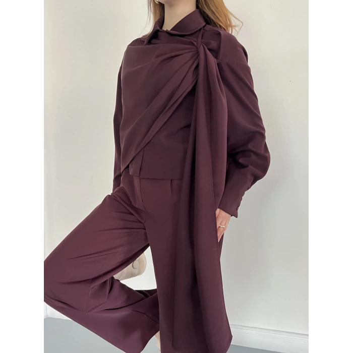 Drapeli Fular Detaylı Modal Kumaş Takım Mürdüm