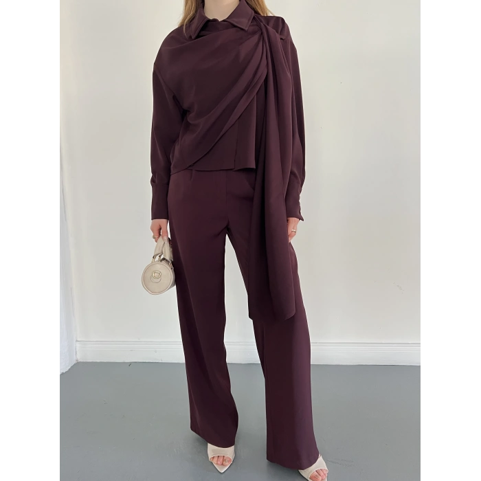 Drapeli Fular Detaylı Modal Kumaş Takım Mürdüm