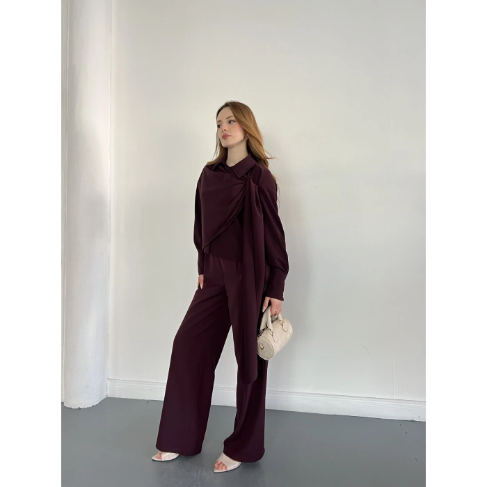 Drapeli Fular Detaylı Modal Kumaş Takım Mürdüm