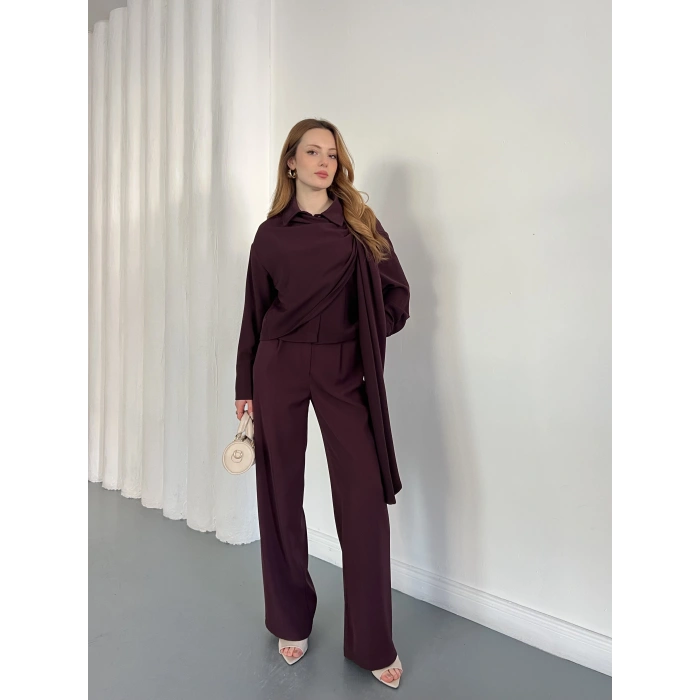 Drapeli Fular Detaylı Modal Kumaş Takım Mürdüm