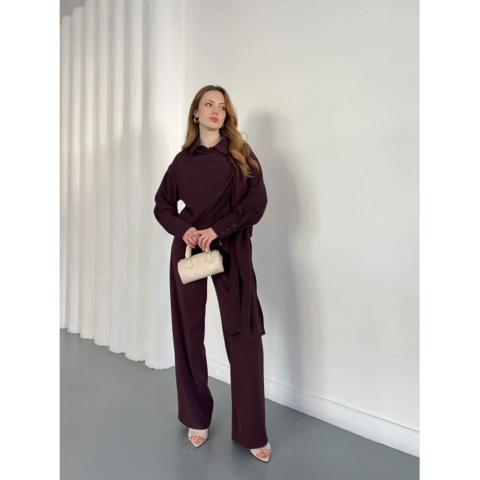 Drapeli Fular Detaylı Modal Kumaş Takım Mürdüm