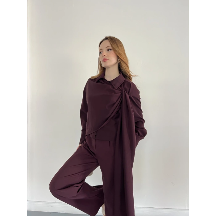 Drapeli Fular Detaylı Modal Kumaş Takım Mürdüm