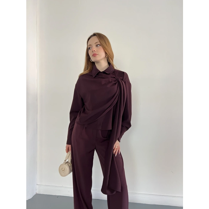 Drapeli Fular Detaylı Modal Kumaş Takım Mürdüm