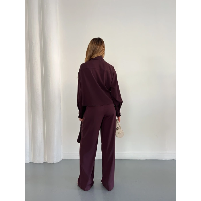 Drapeli Fular Detaylı Modal Kumaş Takım Mürdüm