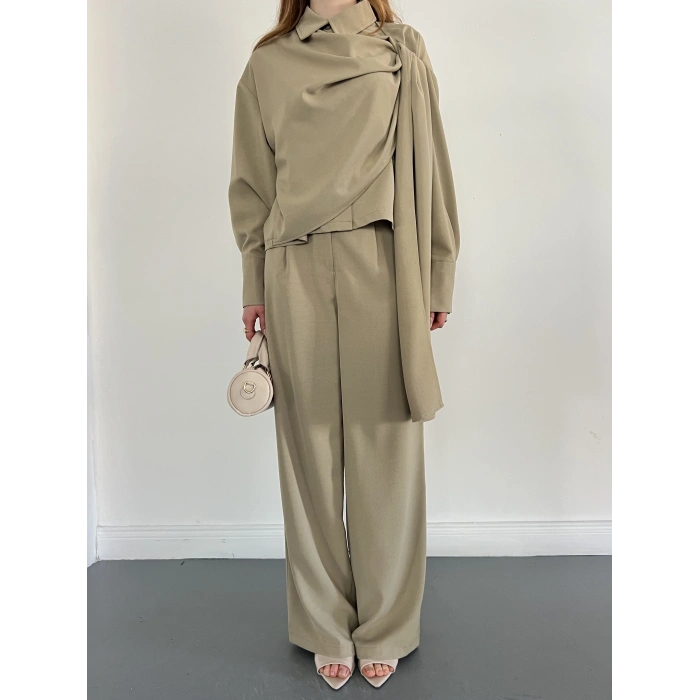 Drapeli Fular Detaylı Modal Kumaş Takım Yeşil