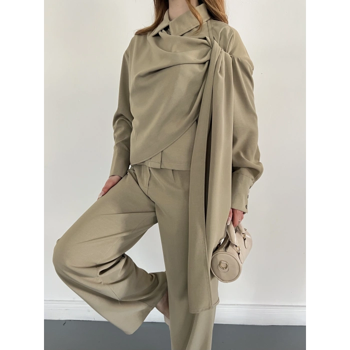 Drapeli Fular Detaylı Modal Kumaş Takım Yeşil