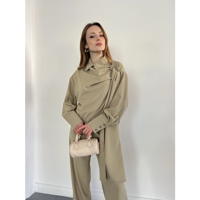 Drapeli Fular Detaylı Modal Kumaş Takım Yeşil