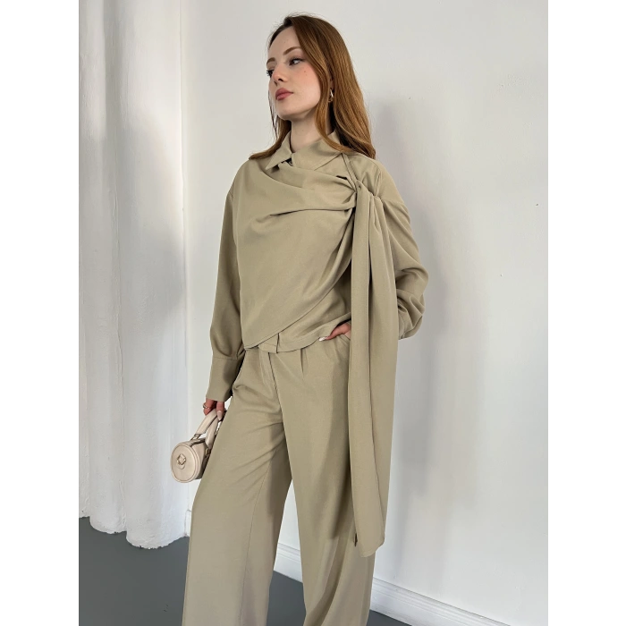 Drapeli Fular Detaylı Modal Kumaş Takım Yeşil