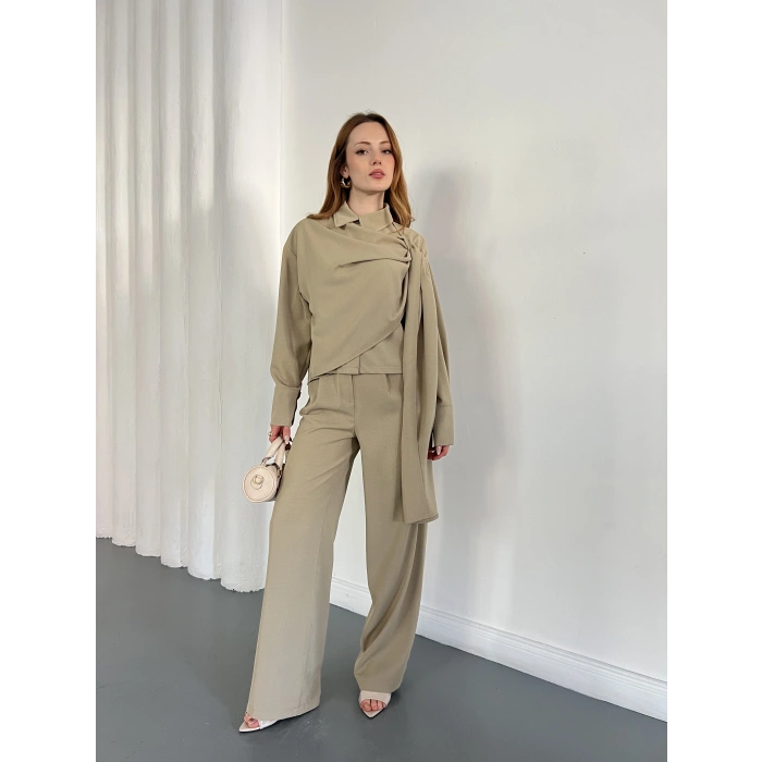 Drapeli Fular Detaylı Modal Kumaş Takım Yeşil