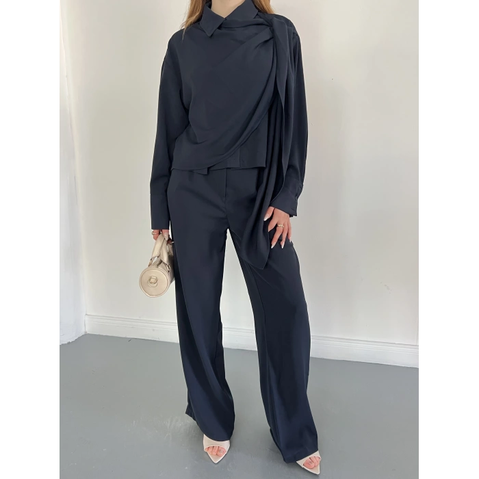 Drapeli Fular Detaylı Modal Kumaş Takım Lacivert