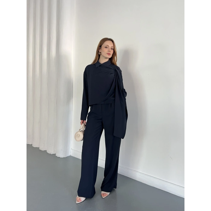 Drapeli Fular Detaylı Modal Kumaş Takım Lacivert