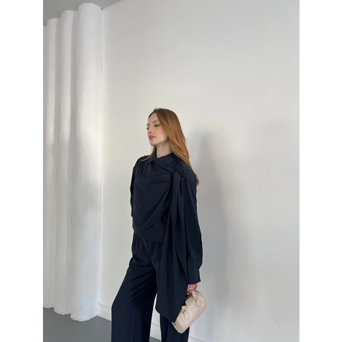 Drapeli Fular Detaylı Modal Kumaş Takım Lacivert