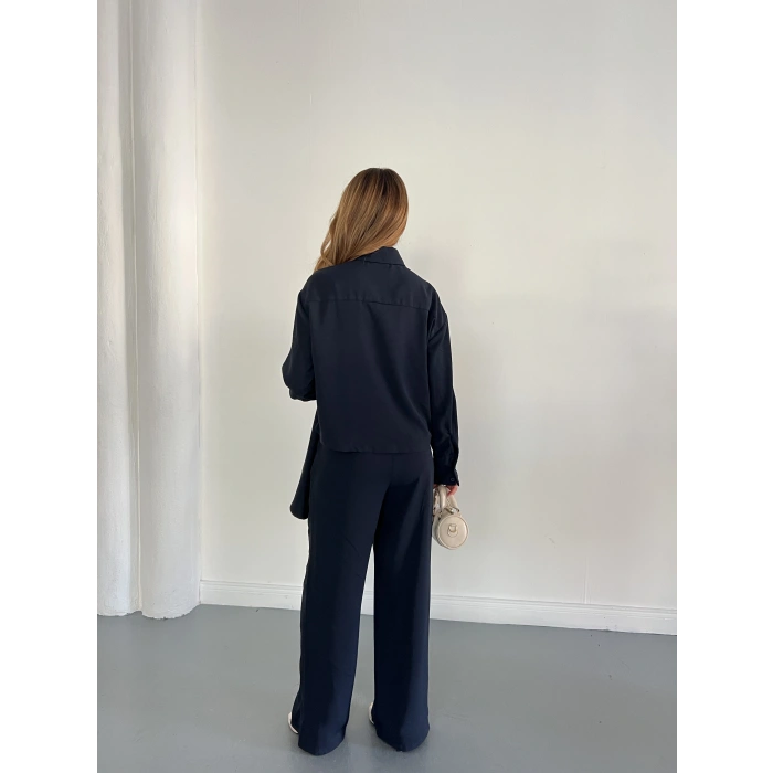 Drapeli Fular Detaylı Modal Kumaş Takım Lacivert