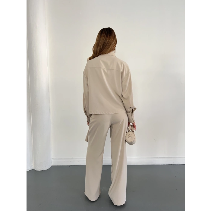 Drapeli Fular Detaylı Modal Kumaş Takım Bej