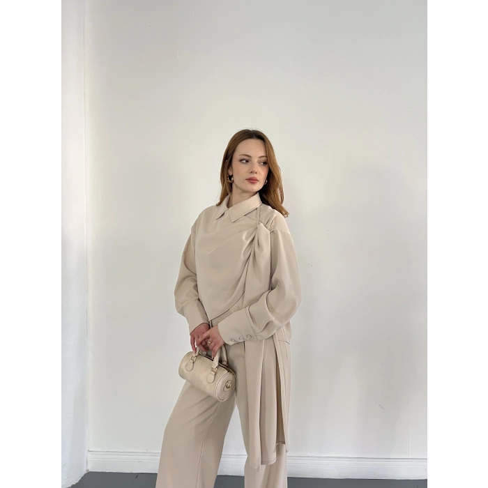 Drapeli Fular Detaylı Modal Kumaş Takım Bej