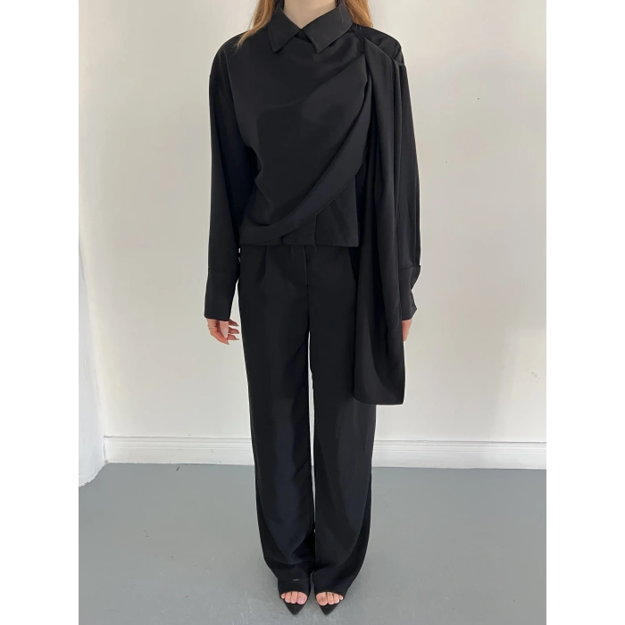 Drapeli Fular Detaylı Modal Kumaş Takım Siyah