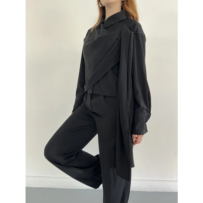 Drapeli Fular Detaylı Modal Kumaş Takım Siyah