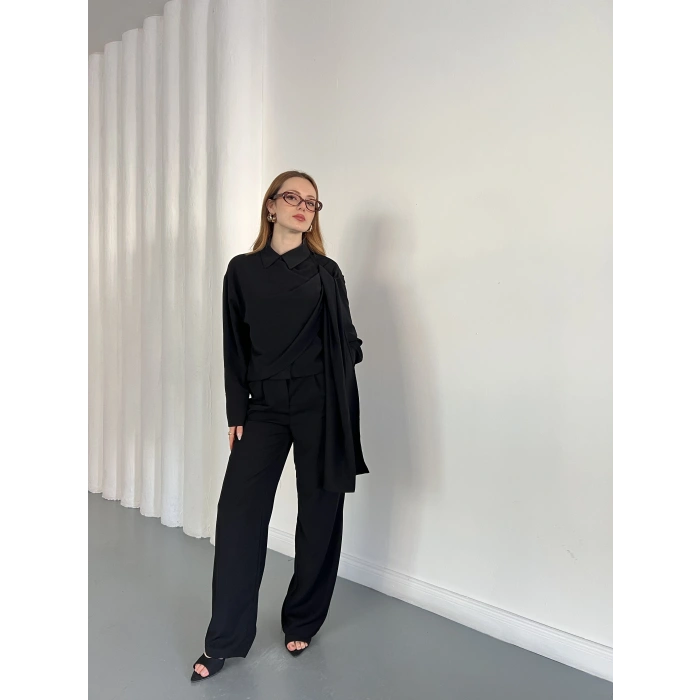 Drapeli Fular Detaylı Modal Kumaş Takım Siyah