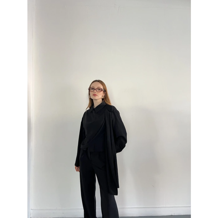 Drapeli Fular Detaylı Modal Kumaş Takım Siyah