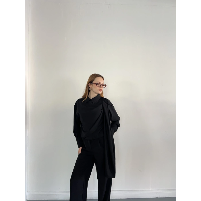 Drapeli Fular Detaylı Modal Kumaş Takım Siyah