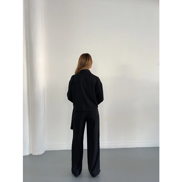 Drapeli Fular Detaylı Modal Kumaş Takım Siyah