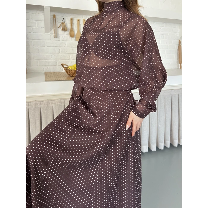 Transparan Puantiyeli Etekli Takım Kahve