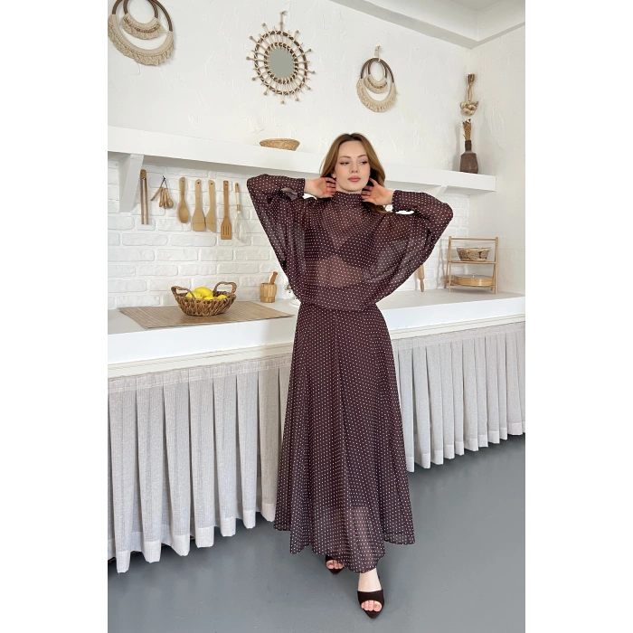 Transparan Puantiyeli Etekli Takım Kahve