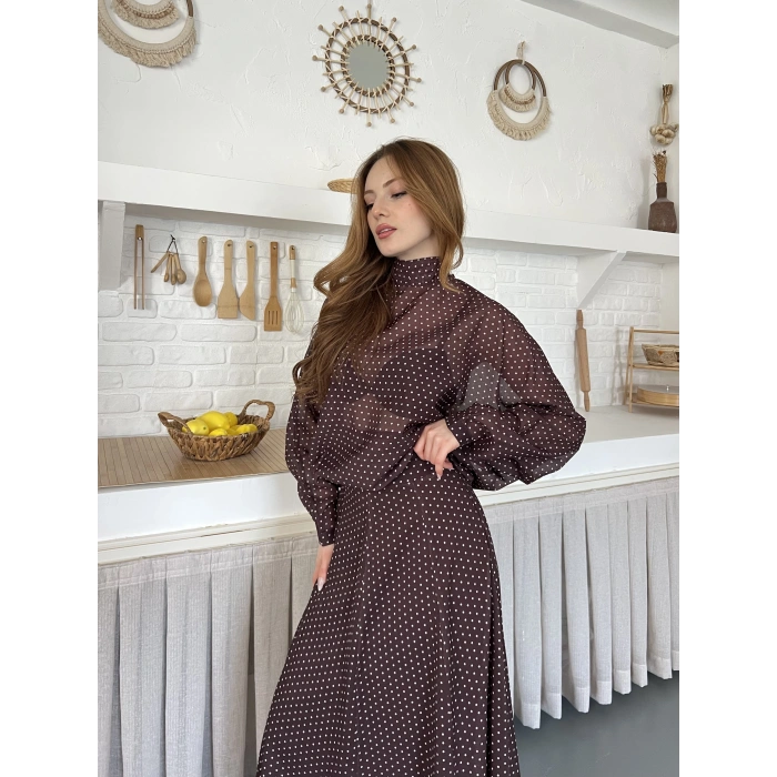 Transparan Puantiyeli Etekli Takım Kahve