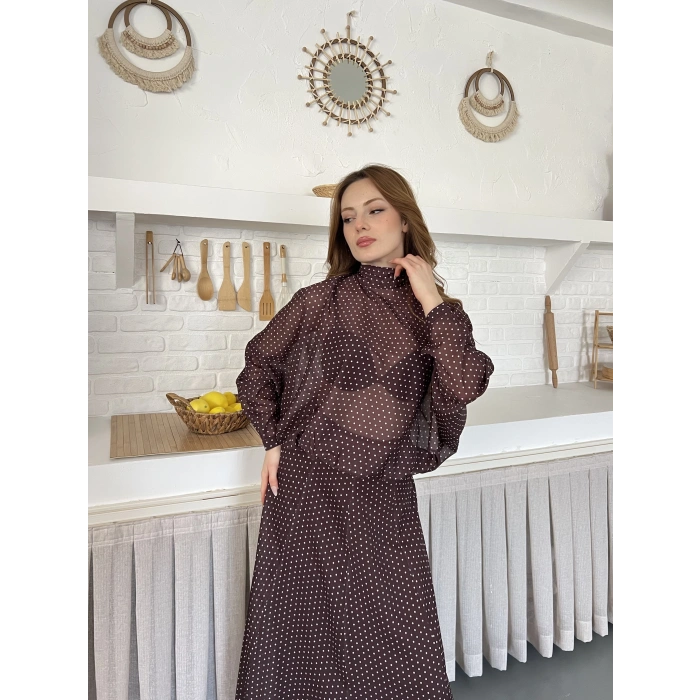 Transparan Puantiyeli Etekli Takım Kahve