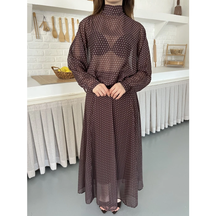 Transparan Puantiyeli Etekli Takım Kahve