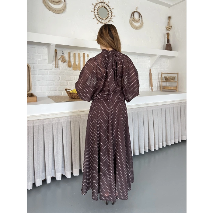 Transparan Puantiyeli Etekli Takım Kahve