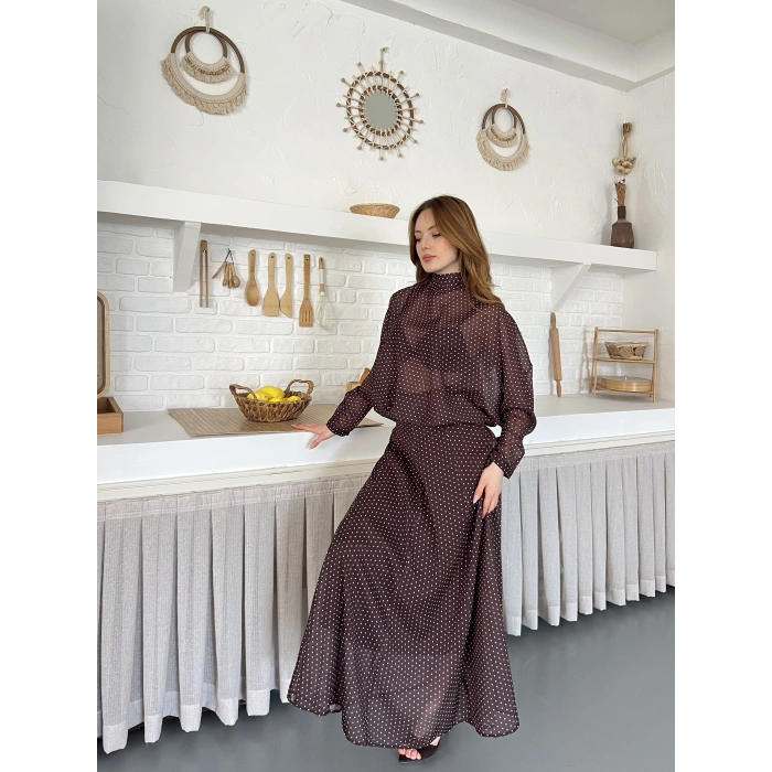 Transparan Puantiyeli Etekli Takım Kahve