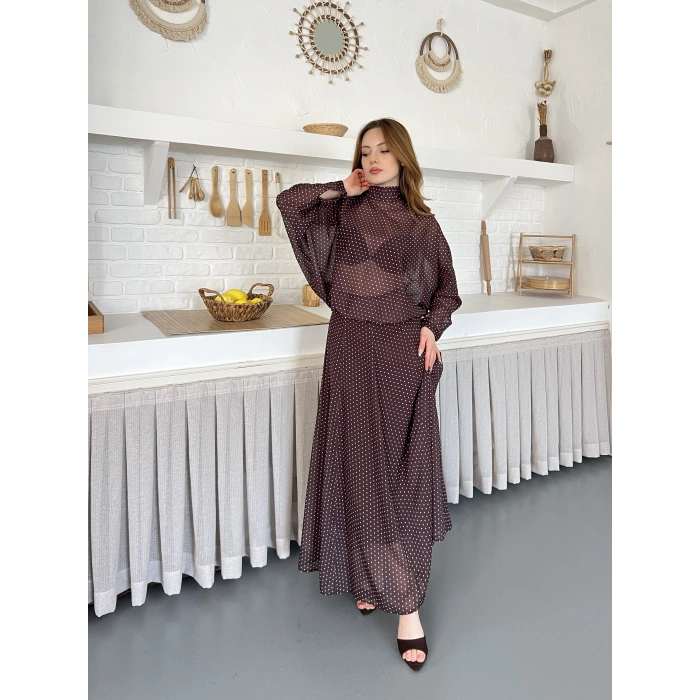 Transparan Puantiyeli Etekli Takım Kahve