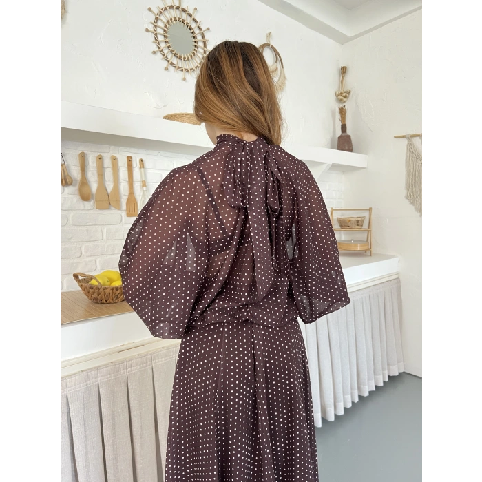 Transparan Puantiyeli Etekli Takım Kahve